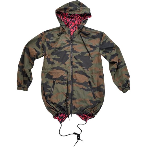 Pam & Gela Reversible Camo Hooded Parka Anorak Jacket Green/Pink Camo Lightweigh - Picture 1 of 8